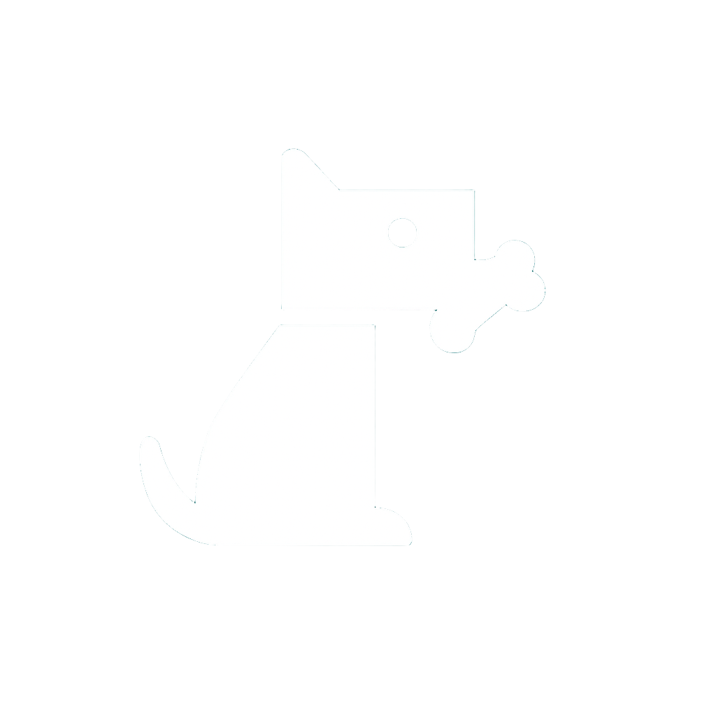 White icon of a dog with a bone on a teal circle