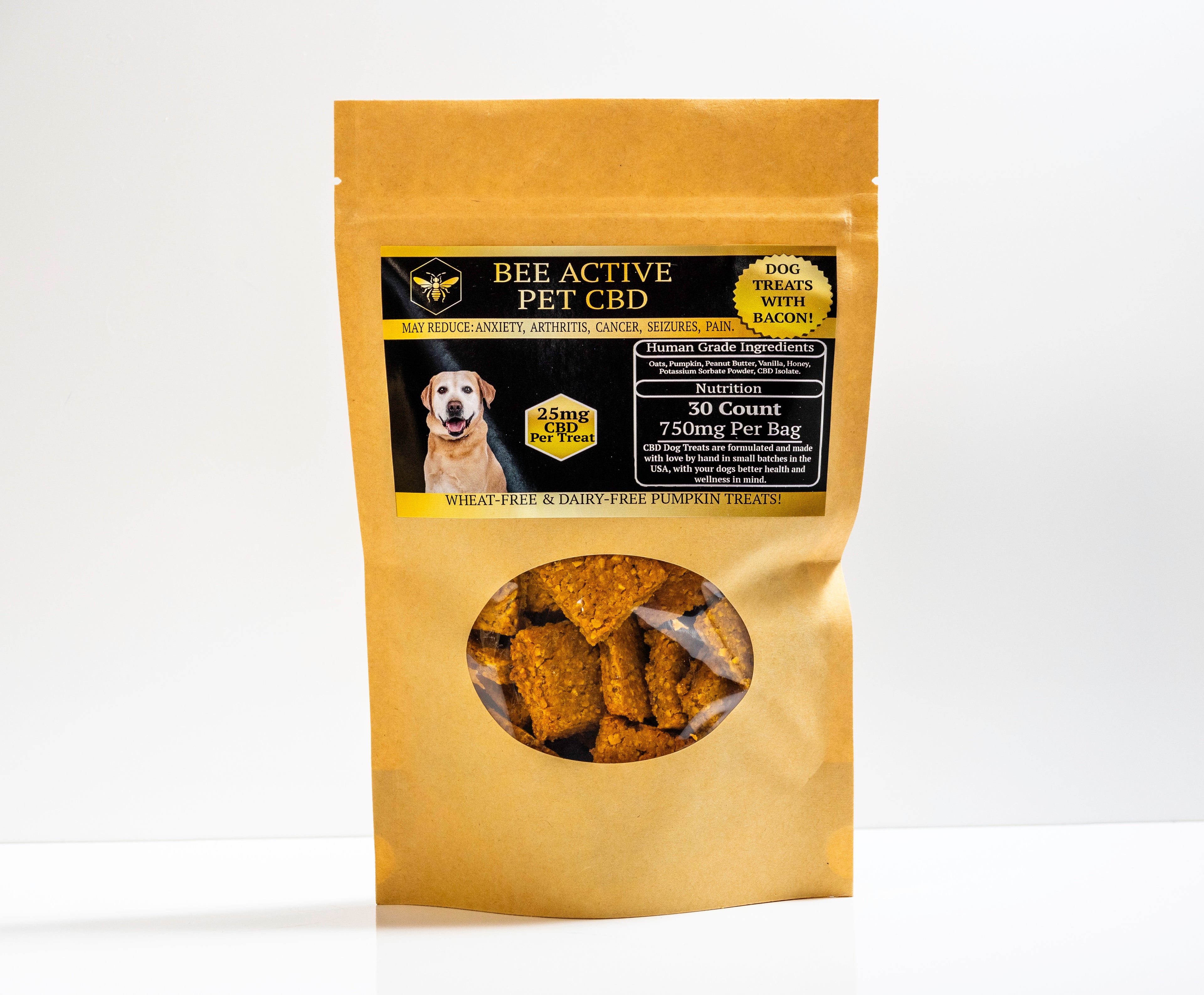 Bag of Bee Active Pet CBD treats for dogs on a white background
